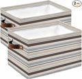 Khaki Grey Striped Storage Bins Cubes Waterproof Cloth Storage Basket,Farmhouse Stripes Modern Abstract Art Foldable Storage Bags for Shelf Clothes Storages Organizers with Handles 15x11x9.5 in 2PCS