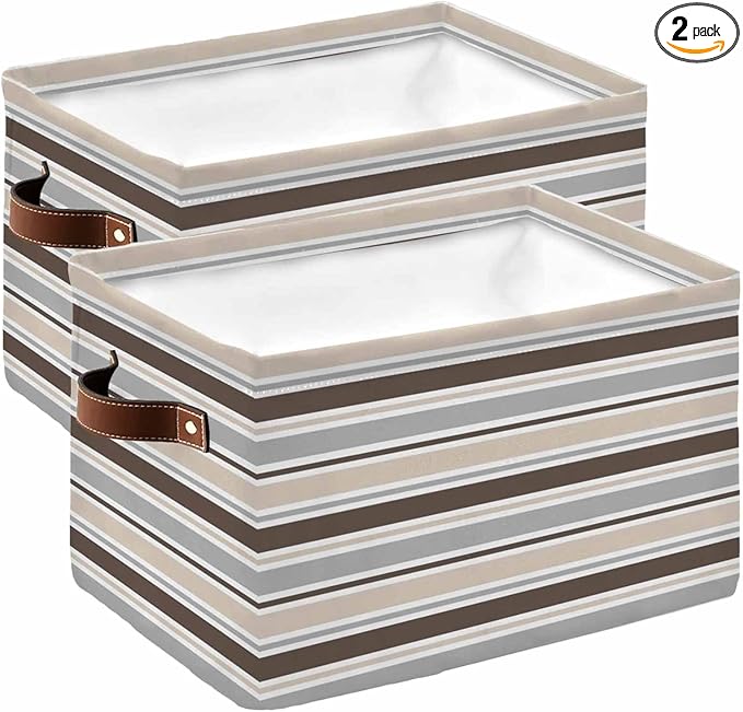 Khaki Grey Striped Storage Bins Cubes Waterproof Cloth Storage Basket,Farmhouse Stripes Modern Abstract Art Foldable Storage Bags for Shelf Clothes Storages Organizers with Handles 15x11x9.5 in 2PCS