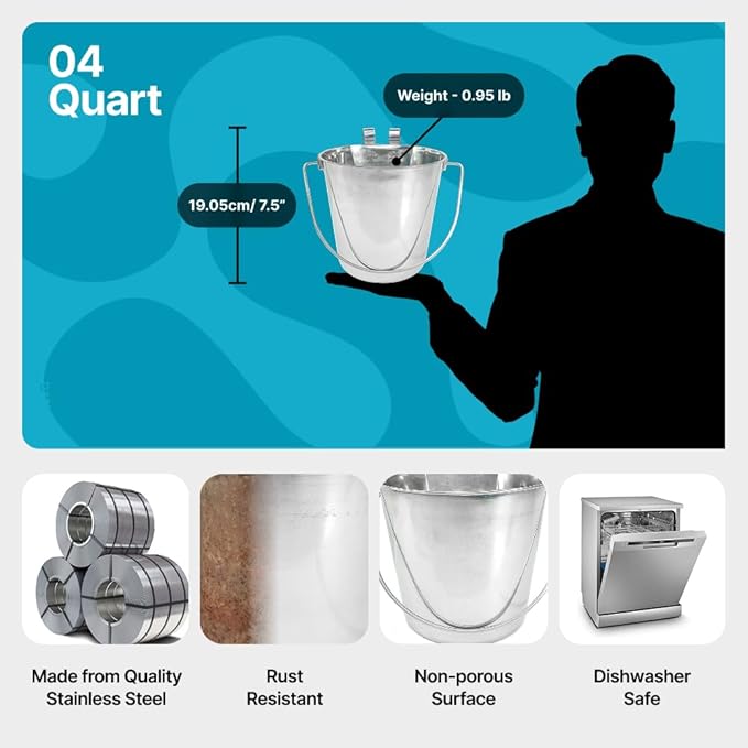 1 Gallon Stainless Steel Bucket - Heavy Duty Flat-Side Metal Bucket for Pets & Livestock Feeding - Rust Resistant Water Bucket with Hooks for Kennels, Cages, Crates & Fences - 4 Quart