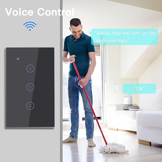 BSEED Smart Light Switch,3 Gang WiFi Touch Switch with Smart Life APP Control and Timing Function,Black Single Pole Switches Work with Amazon Alexa,Google Assistant -(3 Way) Multi-Control Association