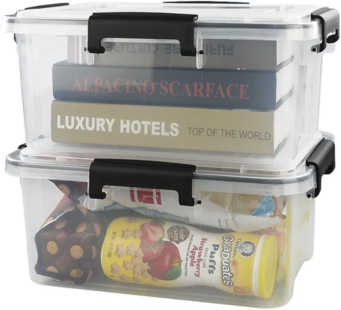 6-Pack 12 Qt Plastic Storage Box with Gasket Seal Lid, Durable Moving Containers with Tight Latch, Weather Proof Tote Bin, Clear/Black