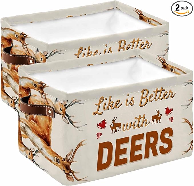 Orange Deer Storage Bins Cubes Waterproof Cloth Storage Basket, Wildlife Elk Animals Rustic Farmhouse Foldable Storage Bags for Shelf Closet Clothes Storages Organizers with Handles 15x11x9.5 in 2PCS