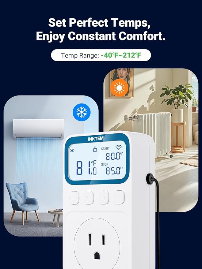WiFi Plug in Thermostat Outlet, Temperature Controlled Outlet with Smart APP, Timer & Memory Digital Temp Controller -40~212℉, IP67 Waterproof Probe for Incubator Homebrew Reptile Space Heater