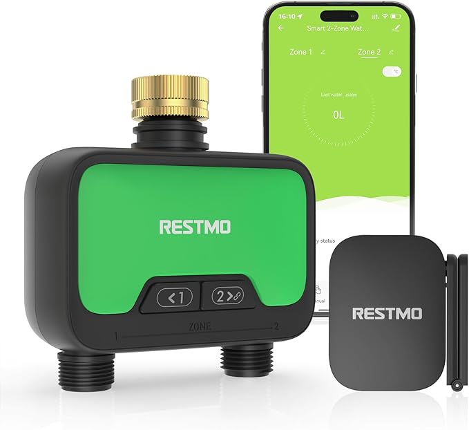 RESTMO Smart WiFi Water Timer for Garden Hose, 2 Zone Sprinkler Timer with APP Control & Brass Inlet, Rain Delay/Manual/Automatic Watering System, Quantity or Timed Irrigation Modes for Misting, Lawn