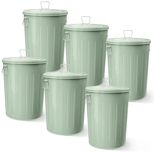 Plexon 20 Gallon Metal Trash Can with Lid Outdoor Large Trash Bin Steel Garbage Can for Garage Patio Farmhouse Bucket Bird Seed Storage Can Heavy Duty Round Container, Green 6 Pack