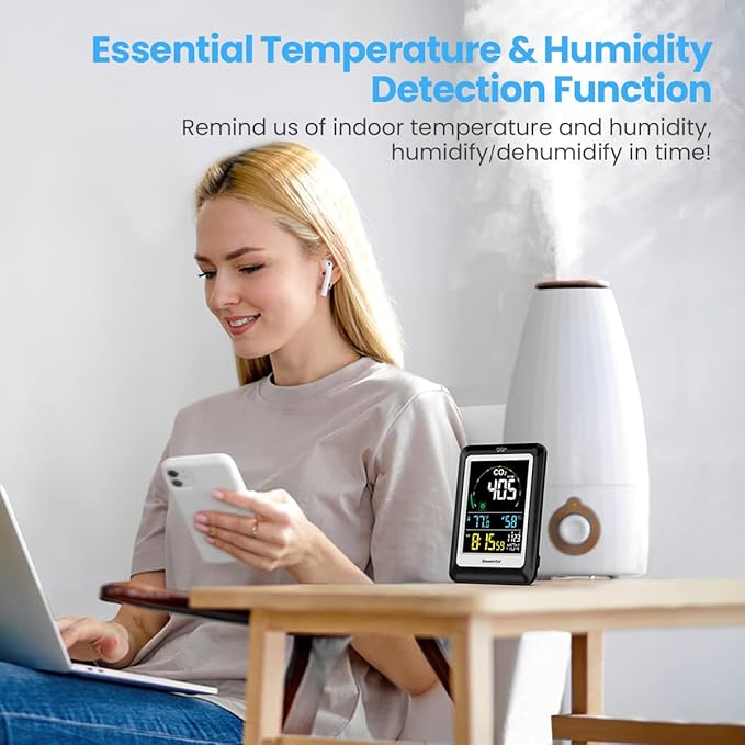 Newentor CO2 Monitor, Indoor Air Quality Meters, Carbon Dioxide Detector with Voice, Large Display CO2 Tester, Temperature Humidity Sensor, Alarm Clock for Home, RV, Grow Tents, Black