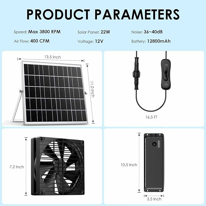 7 Inch Large Airflow Solar Fan with Battery Backup, 12800mAh Batteries IPX7 Waterproof 16.5 Ft On/Off Switch Cable Solar Powered Exhaust Vent Fan for Outside Greenhouse Chicken Coop Shed Trailer
