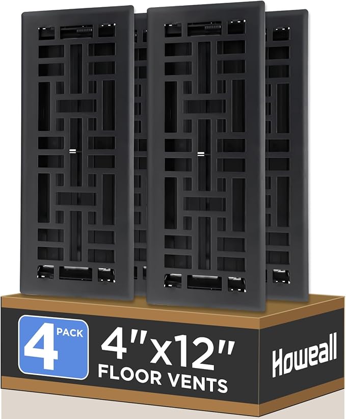 Howeall 4x12 Inches 4 Pack Heavy Duty Walkable Floor Register - Easy Adjust Air Supply Lever Decorative Floor Vent Covers, Seattle Design Vent Covers for Home - Matte Black
