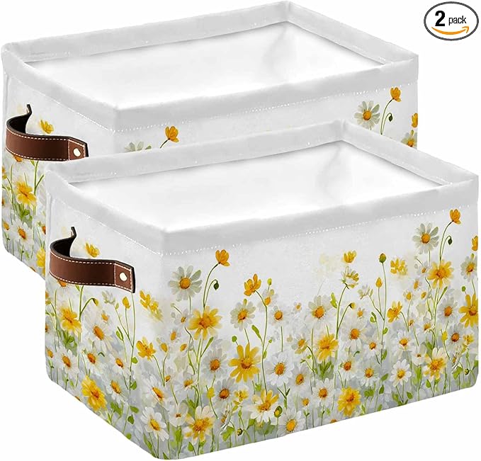 Yellow White Daisy Storage Bins Cubes Waterproof Cloth Storage Basket, Farmhouse Garden Flowers Blossom Foldable Storage Bags for Shelf Closet Clothes Organizers with Handles 15x11x9.5 in 2PCS