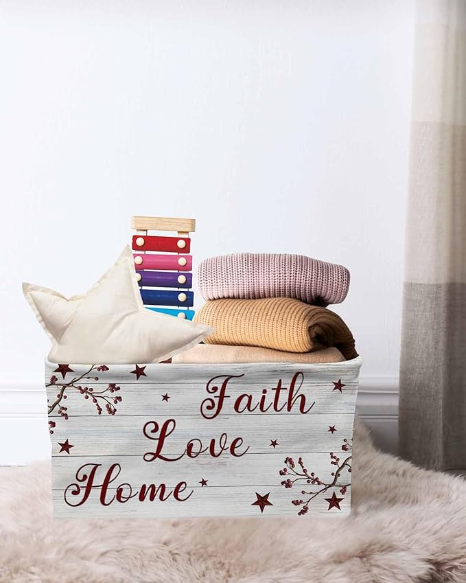 Wooden Grain Storage Bins Cubes Waterproof Cloth Storage Basket, Red Country Texas Star Branches Berry Foldable Storage Bags for Shelf Closet Clothes Storages Organizers with Handles 15x11x9.5 in 2PCS