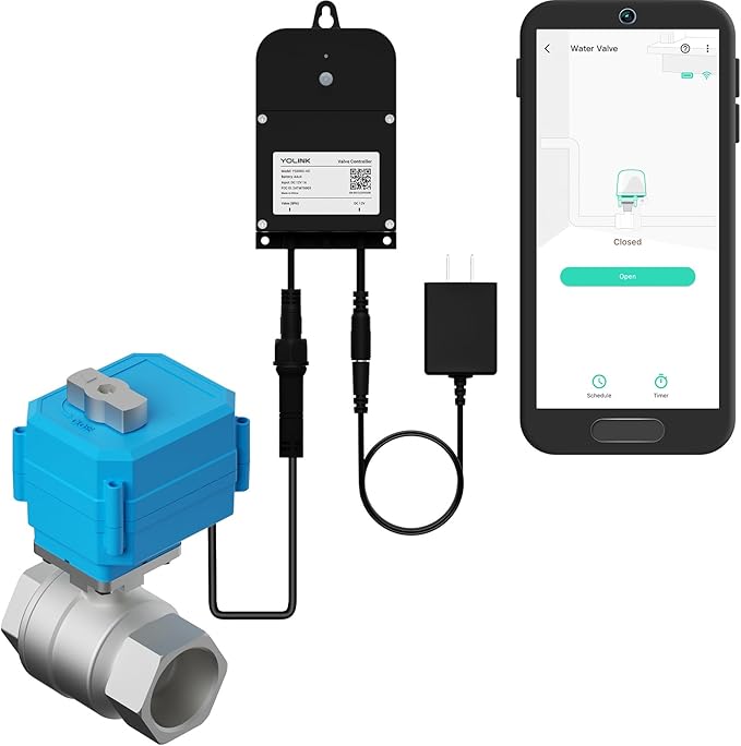 YoLink Wireless Smart Valve Control Kit, NSF Certified 1-1/2" Stainless Steel Motorized Valve, Wireless Controller 2, LoRa Long Range, D2D Offline with Leak Sensors, 2 Years Battery Backup