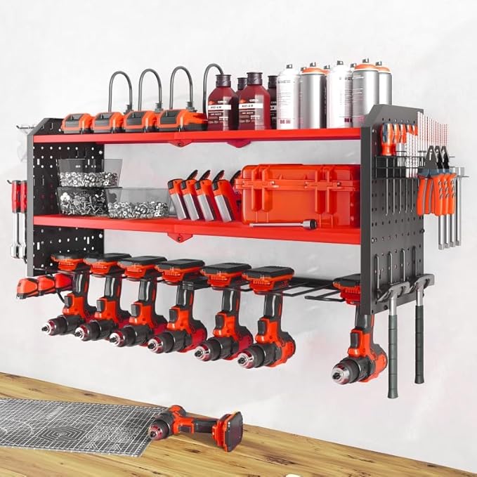 Warome Tool Organizer with Charging Station, Power Tool Rack Wall Mount with 8-Outlet Power Strip, Tool Storage for Garage with 8 Cordless Drill Holders, Battery Utility Shelf in Red