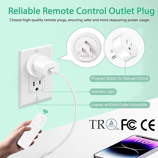 Remote Control Outlets, Nineleaf Remote Control Outlet Plug with Countdown Timer, 15A/1500W,500 Ft Range,Wireless Remote Control Outlet Plug Light Switches,for Household Appliances(1 Remote+2 Plugs)