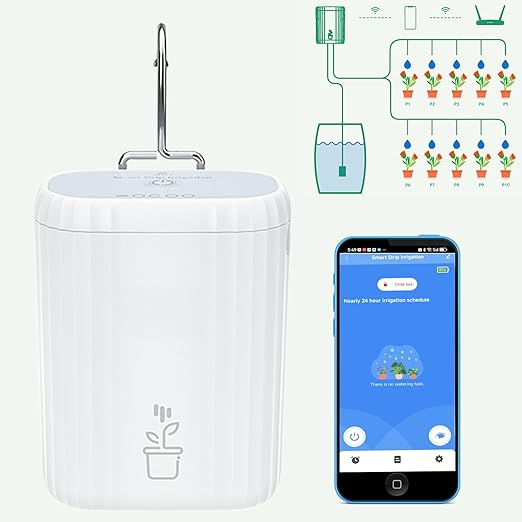 WIFI Automatic Plant Waterer, DIY Automatic Drip Irrigation Kit for 10 Potted Plants, Auto & Manual & Delay Watering Mode/Water Shortage Alert/Irrigation Records,Compatible w Alexa Tuya/Smart Life App