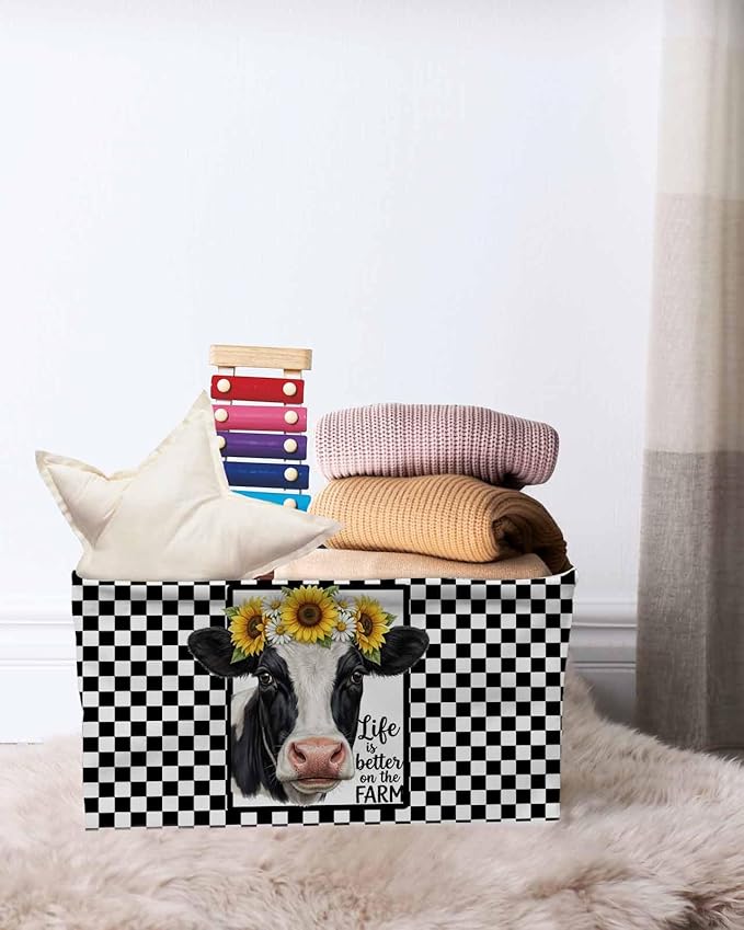 Farmhouse Cows Storage Bins Cubes Waterproof Cloth Storage Basket, Sunflower Daisy White Black Plaid Foldable Storage Bags for Shelf Closet Clothes Organizers with Handles 15x11x9.5 in 1PCS