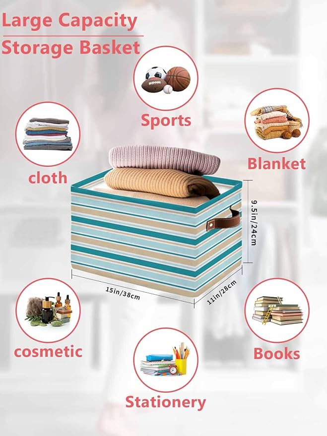 Teal Khaki Striped Storage Bins Cubes Waterproof Cloth Storage Basket,Farmhouse Stripes Modern Abstract Art Foldable Storage Bags for Shelf Clothes Storages Organizers with Handles 15x11x9.5 in 2PCS