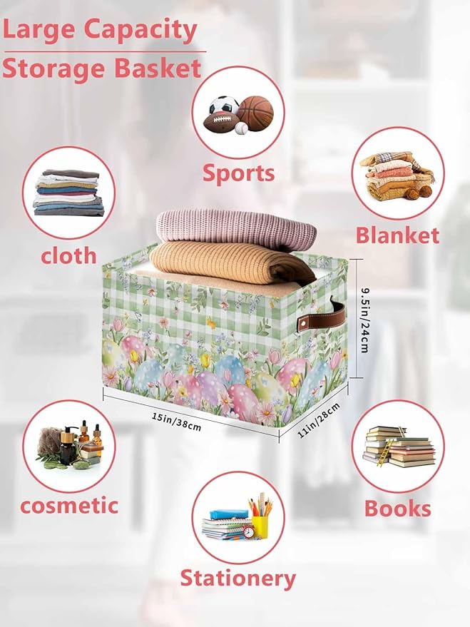 Easter Eggs Storage Bins Cubes Waterproof Cloth Storage Basket,Spring Daisy Eucalyptus Leaves Sage Green Plaid Foldable Storage Bags for Shelf Storages Organizers with Handles 15x11x9.5 in 2PCS