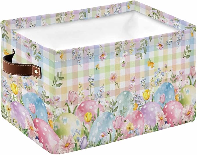Colorful Easter Storage Bins Cubes Waterproof Cloth Storage Basket, Easter Eggs Botanical Spring Floral Foldable Storage Bags for Shelf Clothes Storages Organizers with Handles 15x11x9.5 in 1PCS