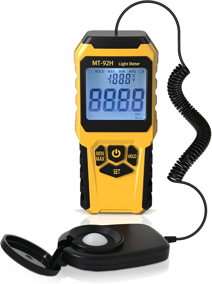 MT-92H Light Meter with Split Sensor Lux/Foot Candles Meter 500ms Refresh Rates Range up to 200,000 Lux Switchable Backlight Temperature Measurer 14℉-140℉