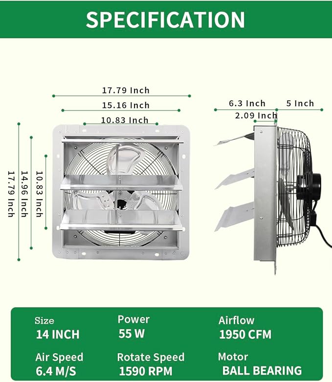 14 Inch Shutter Exhaust Fan, Vent Fan with Power Cord Wall-Mount, High Speed 1520CFM for Garages, Attic, Shops, Greenhouse