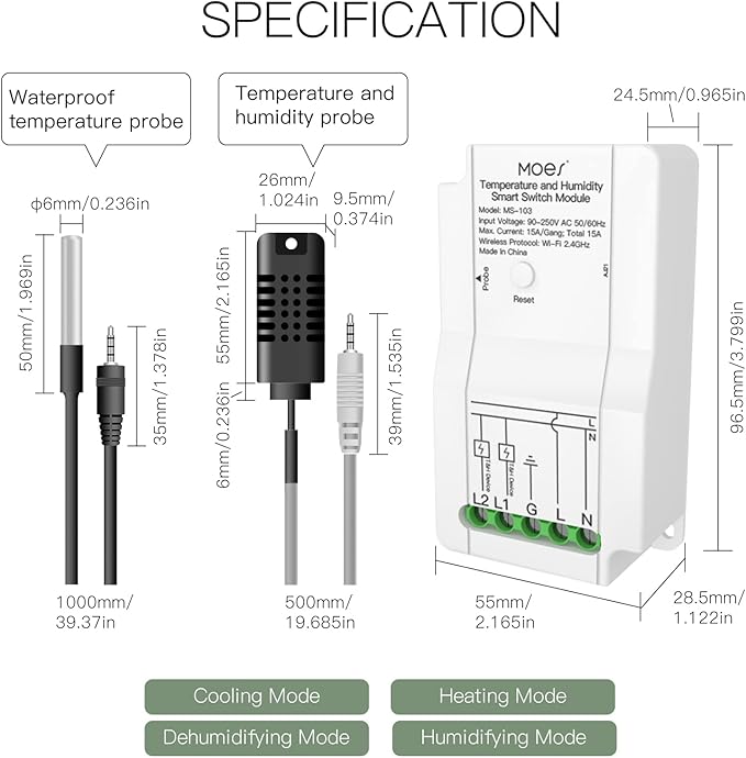 MOES WiFi Smart Temperature Switch Module Sensor with Waterproof Probe, Dual Relay Output Controller, Smart Life Tuya App Remote Control, Programmable Thermostats Kit Works with Alexa Google Assistant