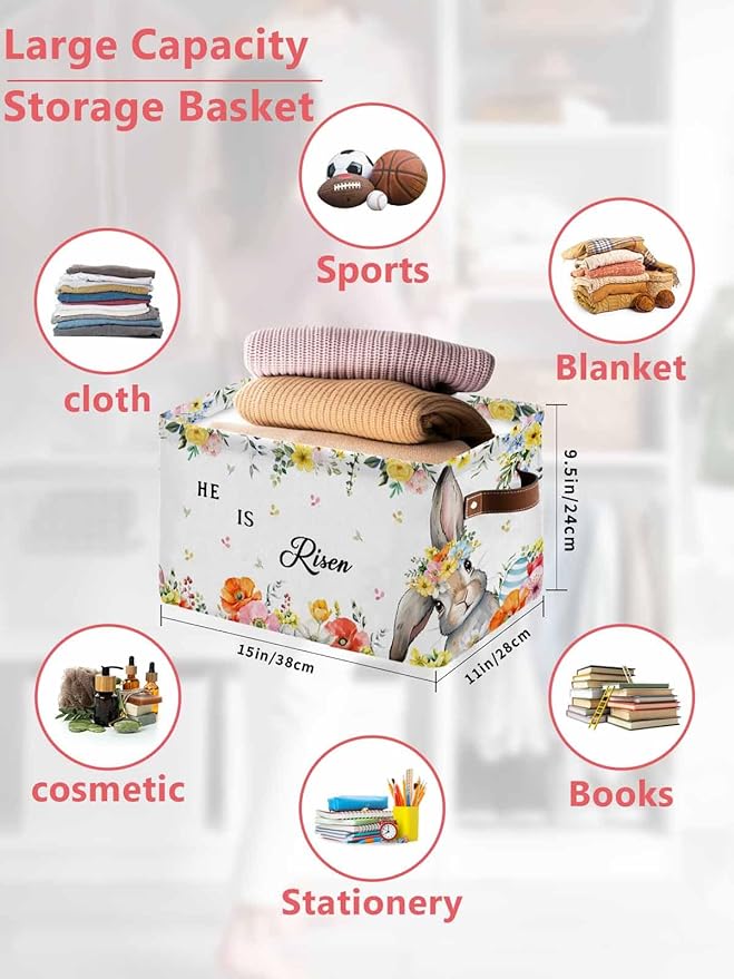 Easter Storage Bins Cubes Waterproof Cloth Storage Basket,Easter Bunny Spring Watercolor He Is Risen Flowers Foldable Storage Bags for Shelf Clothes Storages Organizers with Handles 15x11x9.5 in 2PCS