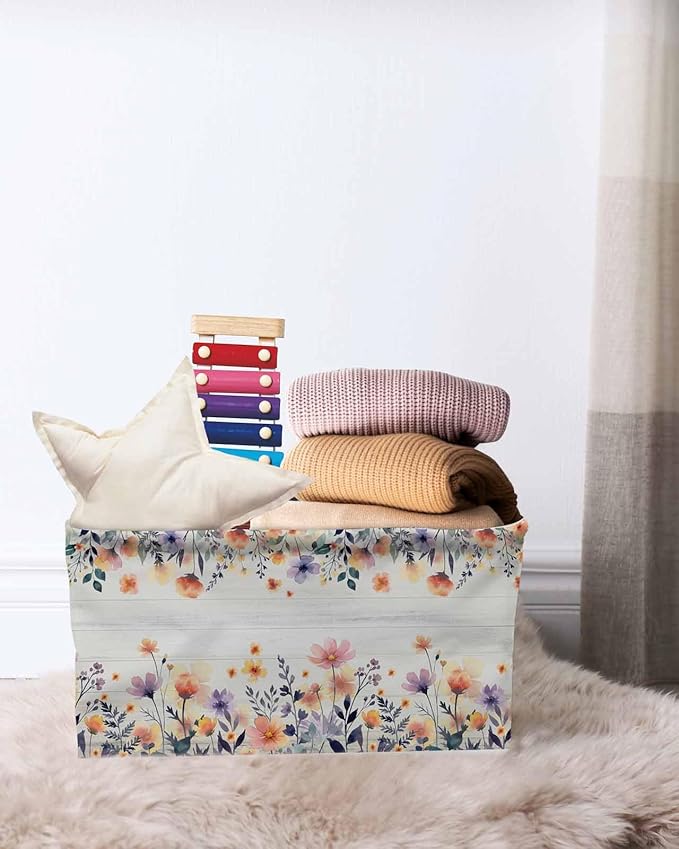 Pink Spring Floral Storage Bins Cubes Waterproof Cloth Storage Basket,Elegant Flowers Farmhouse Botanical Wooden Foldable Storage Bags for Shelf Storages Organizers with Handles 15x11x9.5 in 2PCS