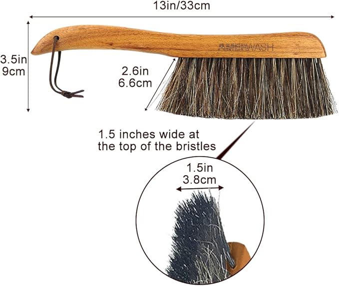 AMERWASH PLUS Counter Brush for Furniture, Drafting, Patio, Bed, Fireplace, Woodworking Cleaning, Horsehair Bristles Duster Wooden Handle Shop Brush, Hand Broom Brush - 2 Pack