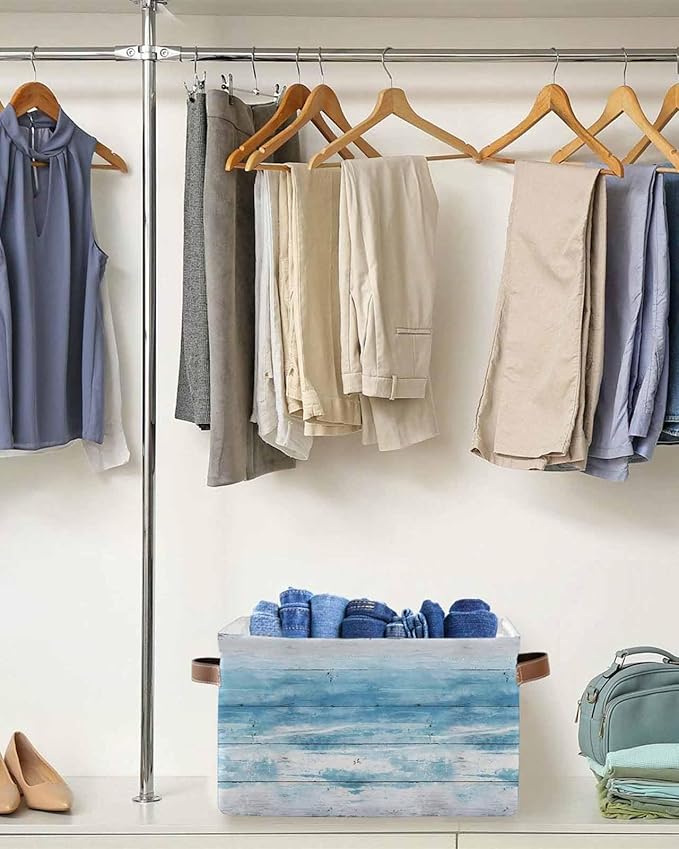 Summer Blue Ocean Storage Bins Cubes Waterproof Cloth Storage Basket, Farmhouse Wooden Grain Modern Art Foldable Storage Bags for Shelf Closet Clothes Organizers with Handles 15x11x9.5 in 1PCS