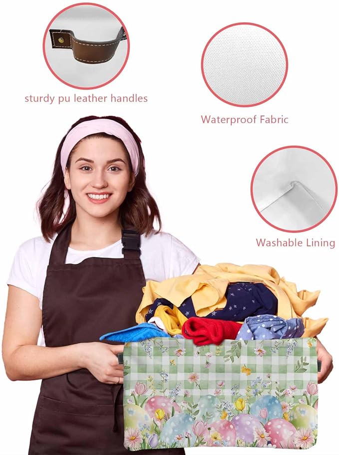 Easter Eggs Storage Bins Cubes Waterproof Cloth Storage Basket,Spring Daisy Eucalyptus Leaves Sage Green Plaid Foldable Storage Bags for Shelf Storages Organizers with Handles 15x11x9.5 in 1PCS