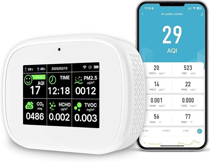18-in-1 Smart Air Quality Monitor - Indoor WiFi Air Quality Detector with Dual Chip, Real-Time for AQI, CO2, PM2.5, PM1.0, PM10, TVOC, HCHO, Time, Temperature & Humidity with APP (White-Black)