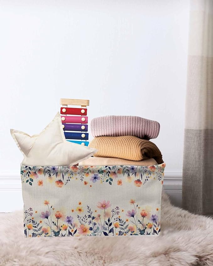 Spring Floral Storage Bins Cubes Waterproof Cloth Storage Basket,Elegant Flowers Farmhouse Botanical Rustic Foldable Storage Bags for Shelf Clothes Storages Organizers with Handles 15x11x9.5 in 1PCS