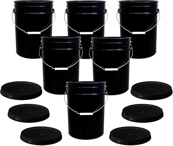 ePackageSupply 5 Gallon Bucket - Food Grade Bucket with Airtight Gasketed Tear Strip Lid, BPA-Free, Heavy-Duty 90 Mil HDPE Plastic Pail, Bulk Storage, Durable Container, Made in USA - Black, 6 Packs