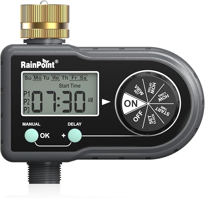 RAINPOINT Sprinkler Timer with 3 Individual Programs, Brass Inlet Water Timer for Garden Hose, Sprinkler Controller, Automatic/Manual Irrigation System for Lawn & Yard Watering, 1 Outlet