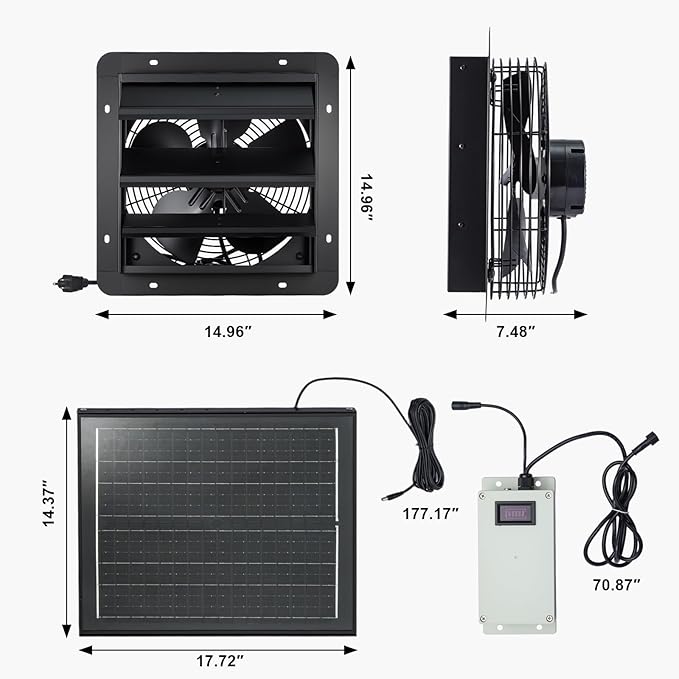 GROWNEER Solar Powered Exhaust Fan, 30W Solar Panel+12" High Speed Solar Powered Fans with Power Adapter, Waterproof Solar Fan with Bracket for Shed, Chicken Coop, Greenhouse, Attic