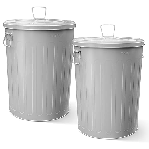 Plexon 20 Gallon Metal Trash Can with Lid Outdoor Large Trash Bin Steel Garbage Can for Garage Patio Farmhouse Bucket Bird Seed Storage Can Heavy Duty Round Container, Gray 2 Pack