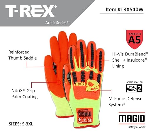 MAGID T-REX Arctic Series ANSI A5 Cut-Resistance, Thermal Impact Gloves, 1 Pair, Waterproof, Hi-Viz Yellow/Orange, Size 8/Medium
