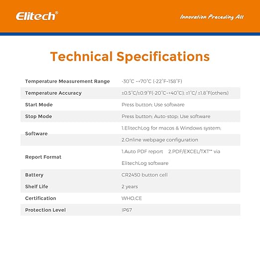 Elitech WHO PQS Certificated 10 Pack 120 Days Temperature Data Logger with Light Sensor Single-Use Cold Chain Monitor (CCM) Temperature Recorder with PDF Report 16000 Points LogEt1