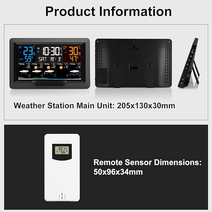 Smart Weather Station Clock, Large Color Screen Weather Clock with Indoor/Outdoor Temperature & Humidity Remote Sensor, for Monitoring Temperature, Humidity & 5-Day Forecasts