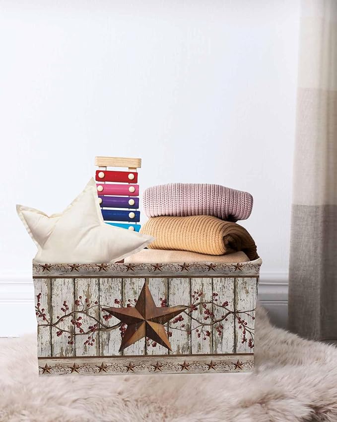Texas Star Grey Wooden Storage Bins Cubes Waterproof Cloth Storage Basket, Farmhouse Berry Countryside Foldable Storage Bags for Shelf Closet Clothes Storages Organizers with Handles 15x11x9.5 in 1PCS