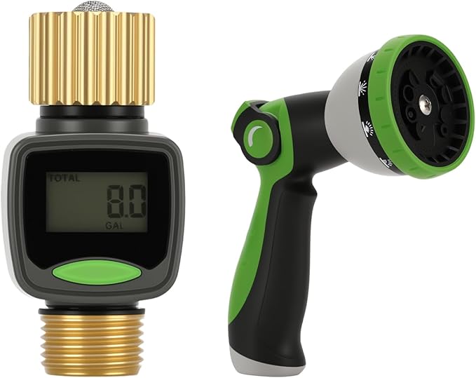 Watflow 3/4"Water Flow Meter with Water Nozzle Kit,4 Modes Change, Measure Gallon/Liter Consumption for Garden Hose, RV Water Tank, Lawn Sprinkler, and Nozzle Sprayer
