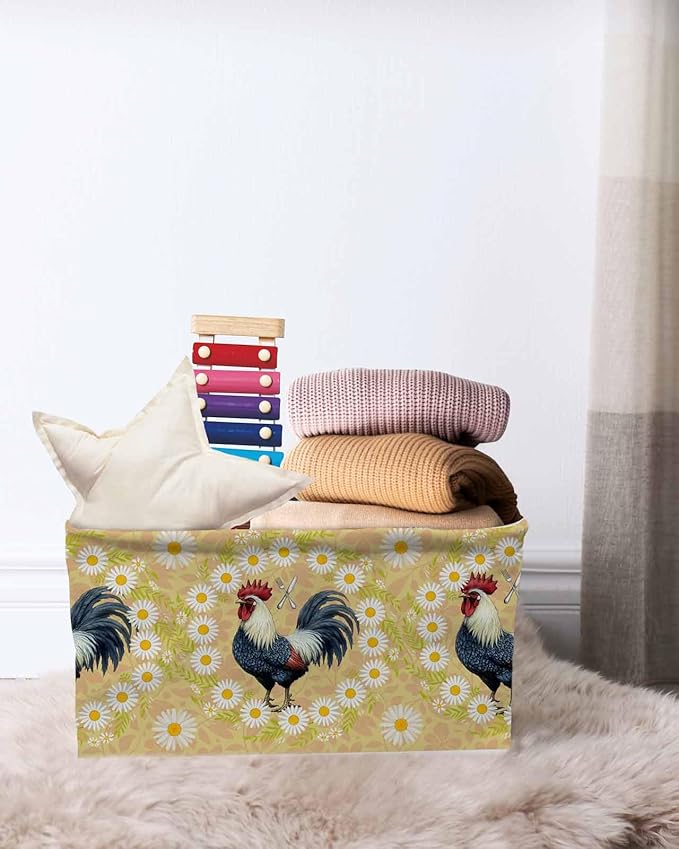 Spring Floral Rooster Storage Bins Cubes Waterproof Cloth Storage Basket,Farmhouse Flowers Elegant Botanical Foldable Storage Bags for Shelf Clothes Storages Organizers with Handles 15x11x9.5 in 1PCS