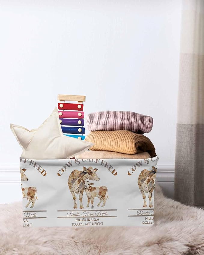 Beige Farm Animals Storage Bins Cubes Waterproof Cloth Storage Basket, Cow Farmhouse Foldable Storage Bags for Shelf Closet Clothes Storages Organizers with Handles 15x11x9.5 in 1PCS