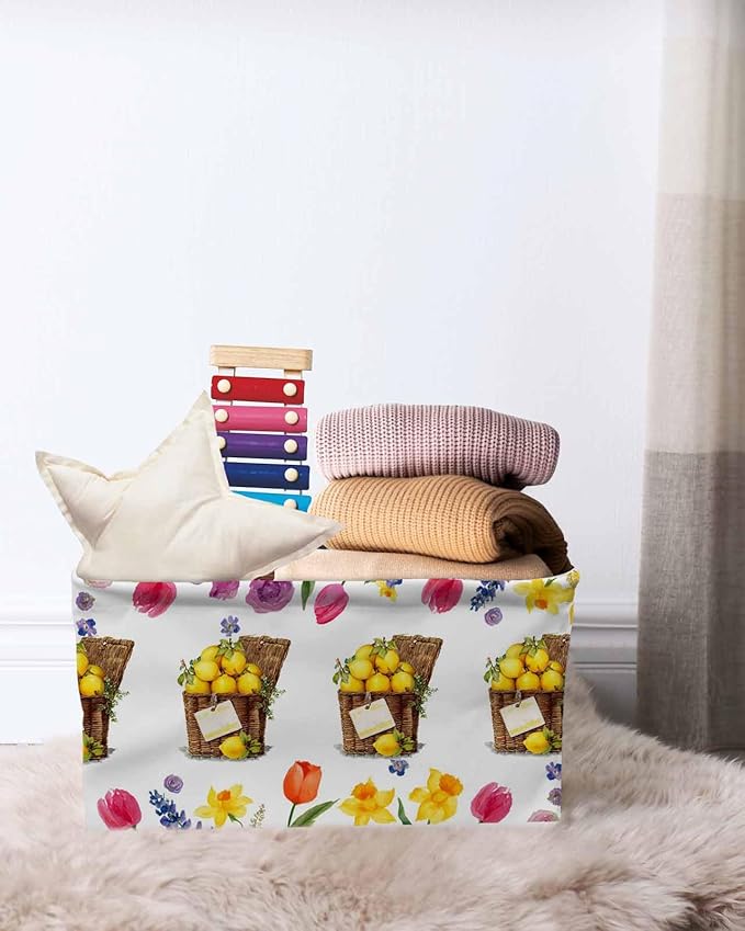 Spring Floral Storage Bins Cubes Waterproof Cloth Storage Basket, Watercolor Lemons in Basket Garden Flowers Foldable Storage Bags for Shelf Closet Clothes Organizers with Handles 15x11x9.5 in 1PCS