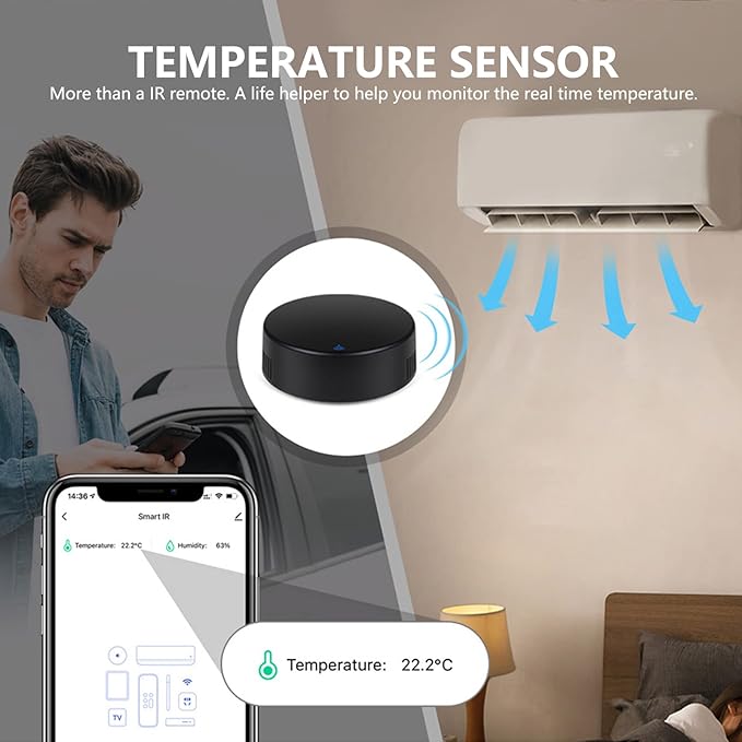 Smart IR Remote Control with Temperature and Humidity Sensor, 2.4G WiFi Universal Infrared Remote Control Hub with Thermometer Hygrometer for Smart Home Automation,Compatible with Alexa & Google Home