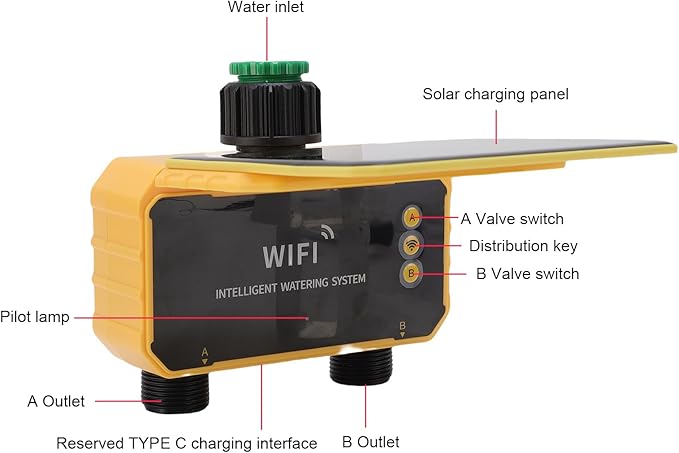 Luqeeg WiFi Sprinkler Timer, Solar Powered Rain Delay App Control 2 Zone Solar Watering System with Accuracy Filter, Sprinkler System | Irrigation Timer for Yard Balcony Garden