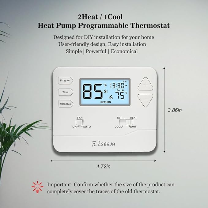 Thermostat for Heat Pump,Programmable Thermostat for House,Single-Stage Systems,2 Heat/1 Cool Heat Pump Or 1 Heat/1 Cool,Easy DIY Install,White Backlight