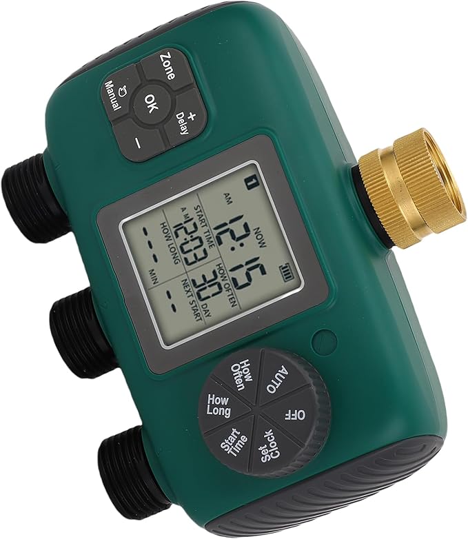3 Outlet Sprinkler Timer with Brass Ports, Water Proof, NH4 / 3in Male Thread, LCD Display - Efficient Irrigation Controller, Adjustable Watering Schedules, Ideal for Outdoor Gar