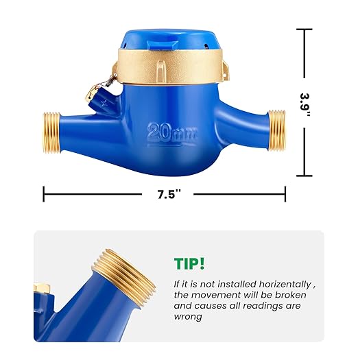 Watflow DN20 Water Meter 3/4" NPT, ISO4064 Certification Cubic Water Flow Meter, Cold Water Meter, for Garden or Home, Horizontal Install.