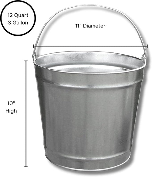12 Quart (3 Gallon) Industrial Galvanized Metal Pail Bucket with Handle, 11" Diameter, Single Seam Construction - 5 Buckets